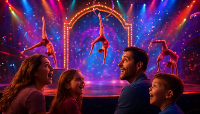 Excited family watching acrobats on vibrant Las Vegas stage with colorful lights and magic
