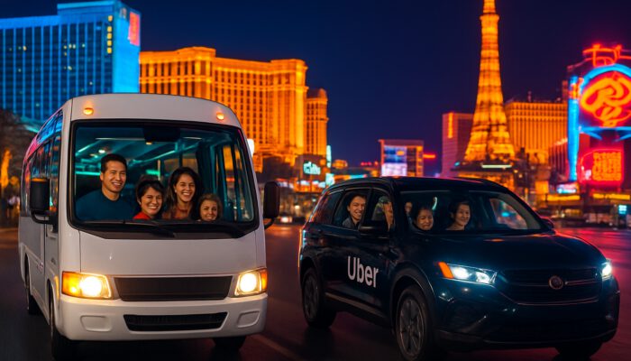 Happy families riding shuttles and Uber from glowing Las Vegas hotels to neon venues at night