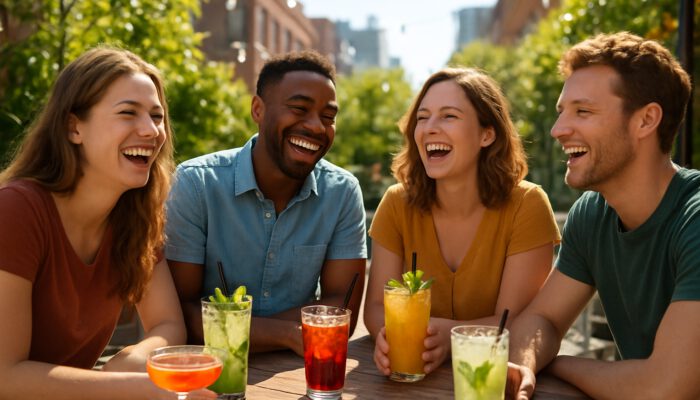Friends laughing with cocktails and mocktails on sunny outdoor bar patio in U.S. city