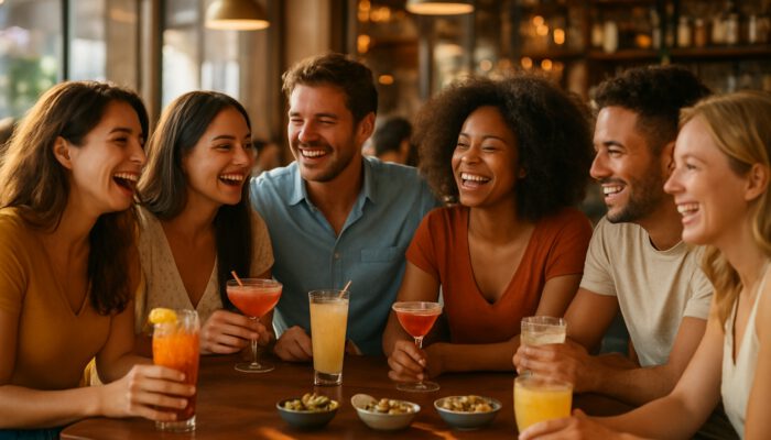 Friends day-drinking at reserved tables in a sunlit upscale bar with cocktails and snacks.