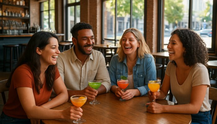 Group of friends laughing over cocktails in spacious sunlit bar with large windows and street access.