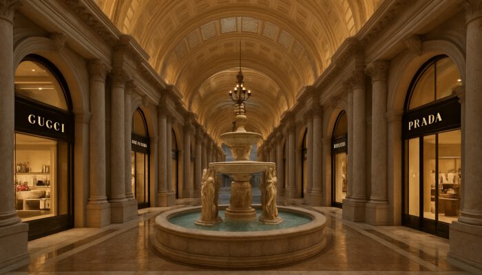 Luxury Roman-themed shopping arcade at Caesars Palace Las Vegas with Gucci and Prada boutiques
