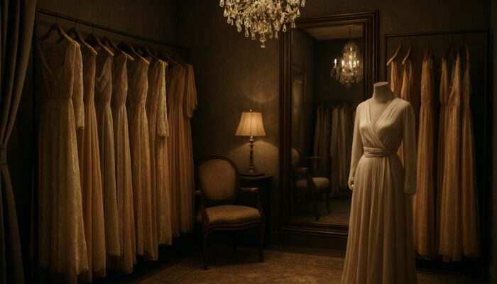 Intimate Las Vegas boutique with soft lighting and racks of vintage luxury gowns