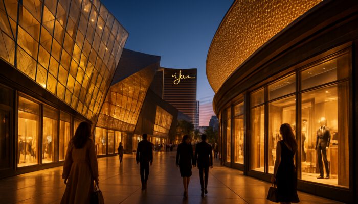 Twilight view of glowing crystal facades at The Shops at Crystals and Wynn Esplanade on Las Vegas Strip.