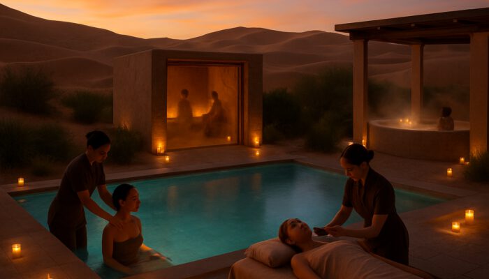 Luxurious Las Vegas desert spa at dusk with mineral pools and detox treatments