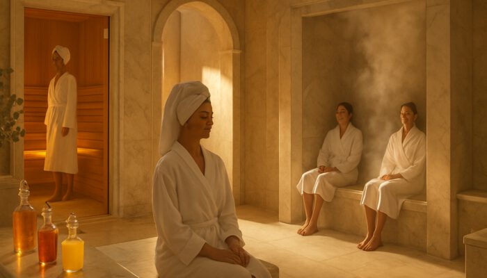 Luxury Las Vegas spa with marble saunas, glowing detox elixirs, and robed guests in golden light