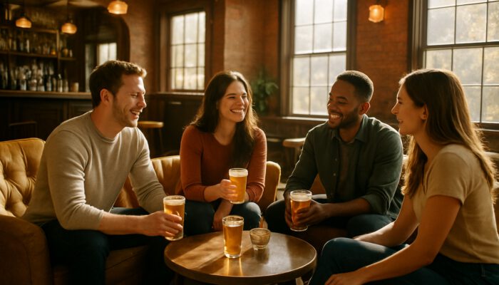 Friends chatting over drinks in cozy sunlit American bar with plush seating.