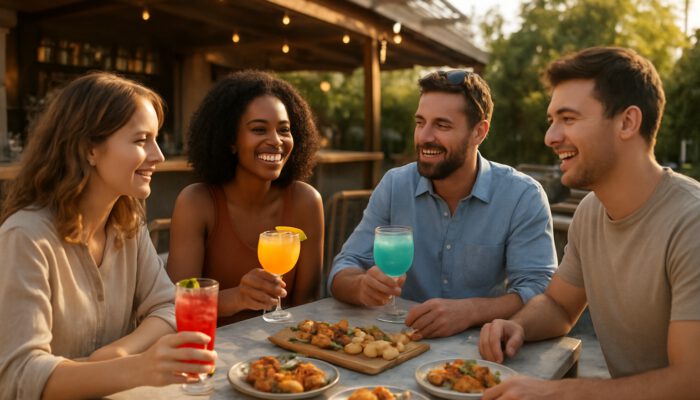 Friends sharing cocktails on sunlit U.S. bar patio during relaxed off-peak daytime hours.