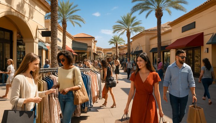 Diverse shoppers browse discounted designer apparel at sunny Las Vegas North Premium Outlets with luxury bags and palm trees.
