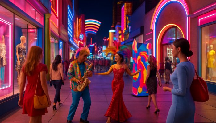 Vibrant Las Vegas fashion district with designer boutiques, street performers, art installations, and stylish shoppers in neon lights.
