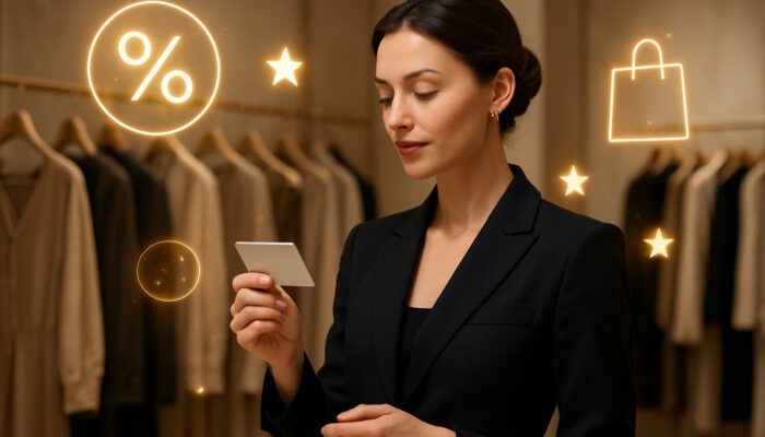 Sophisticated woman scanning loyalty card in luxury designer boutique with glowing discount points and sale banners.